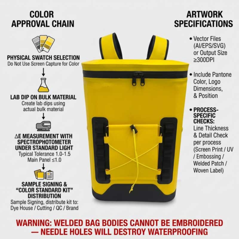 private label colour approval chain with lab dip and Delta E tolerance, and artwork file requirements for cooler bag branding private label colour approval chain with lab dip and Delta E tolerance, and artwork file requirements for cooler bag branding